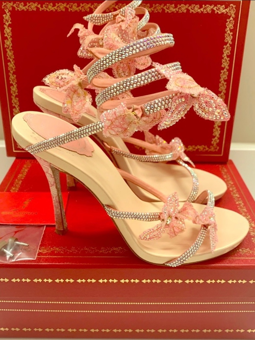 Rene Caovilla Pink Crystal Butterfly Strap Heels - Picture 3 of 6